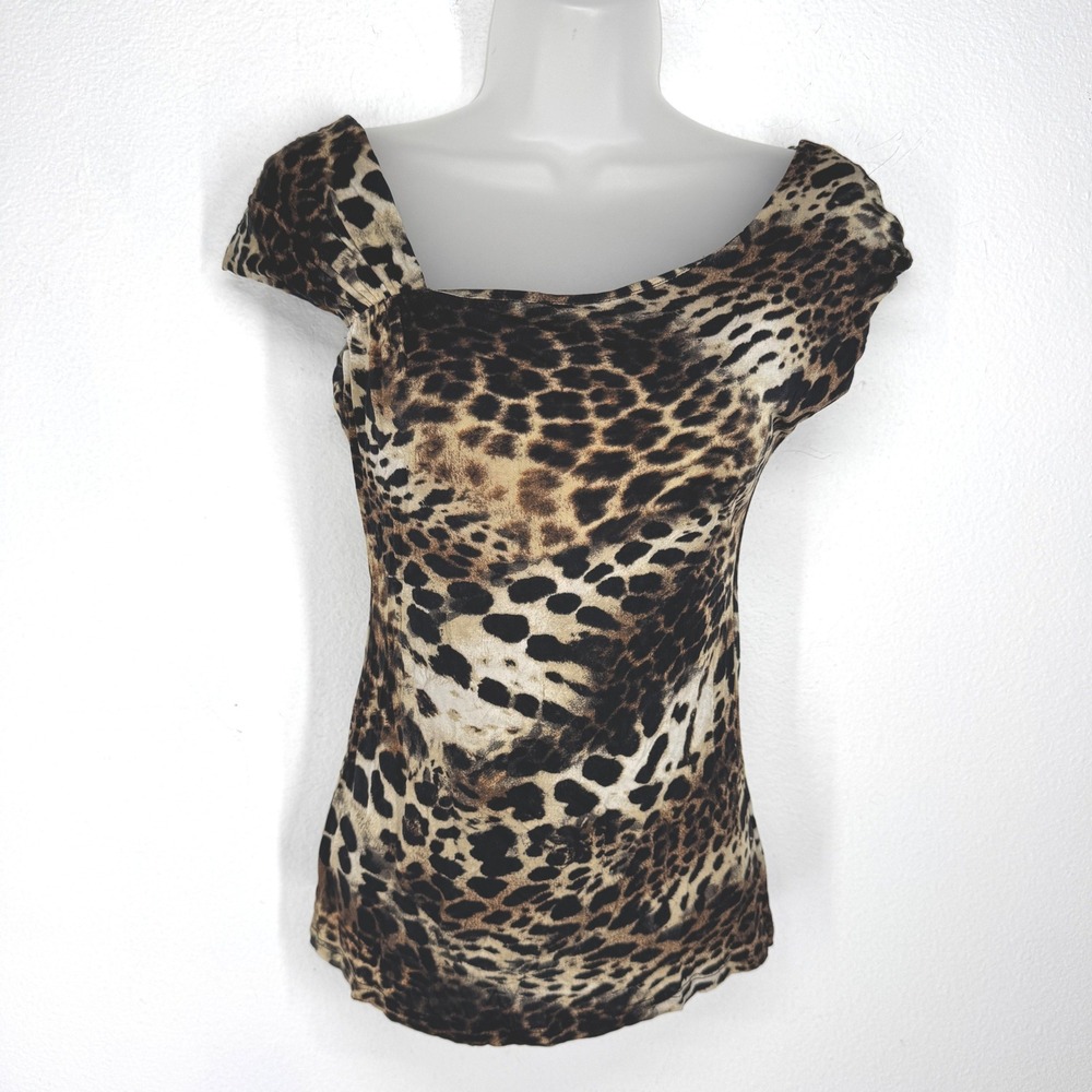 Cache Y2K Leopard Print Asymmetric Neckline Top Cap Sleeve Size M Going Out Long